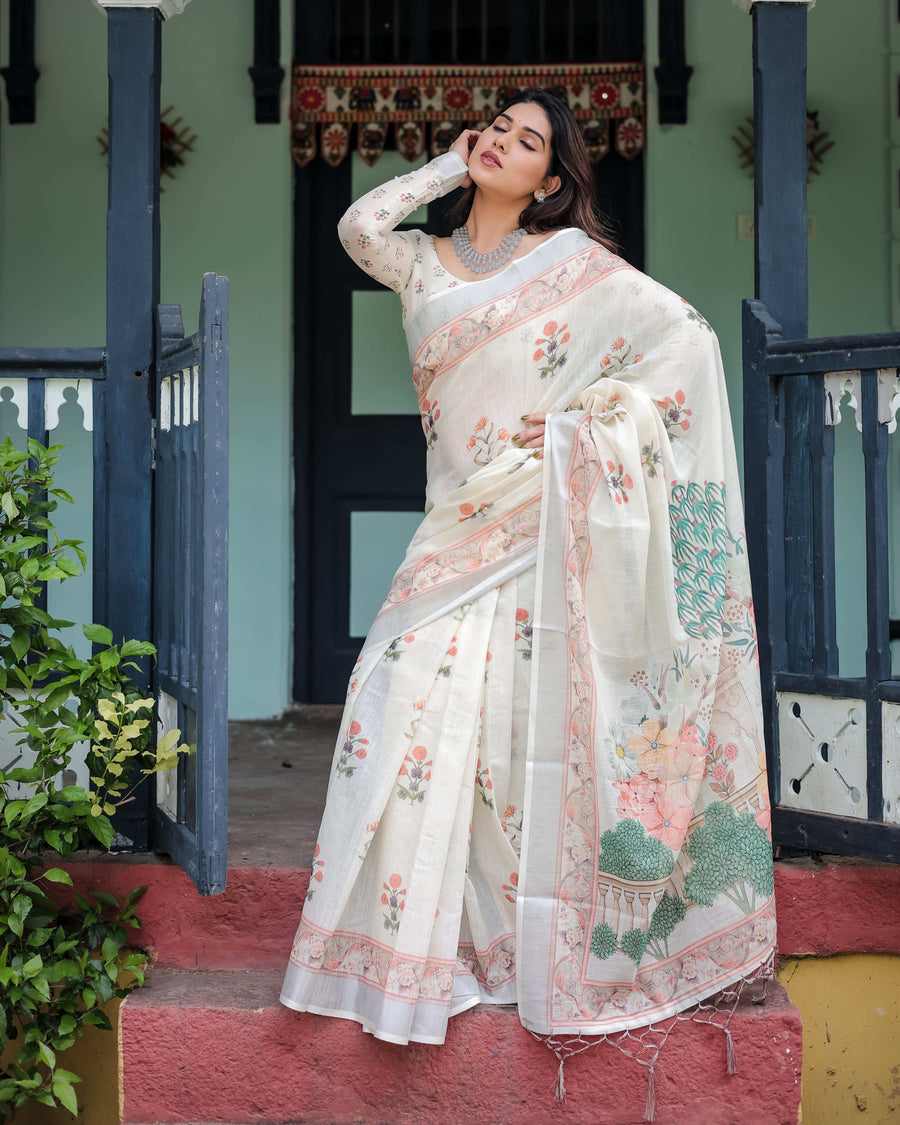 Ivory Pure Cotton Linen Saree | Pastel Floral Design with Blouse & Tassel Detailing