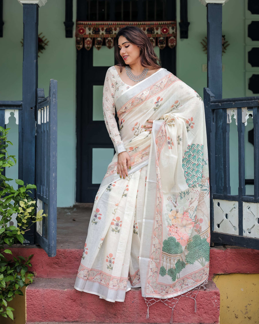 Ivory Pure Cotton Linen Saree | Pastel Floral Design with Blouse & Tassel Detailing