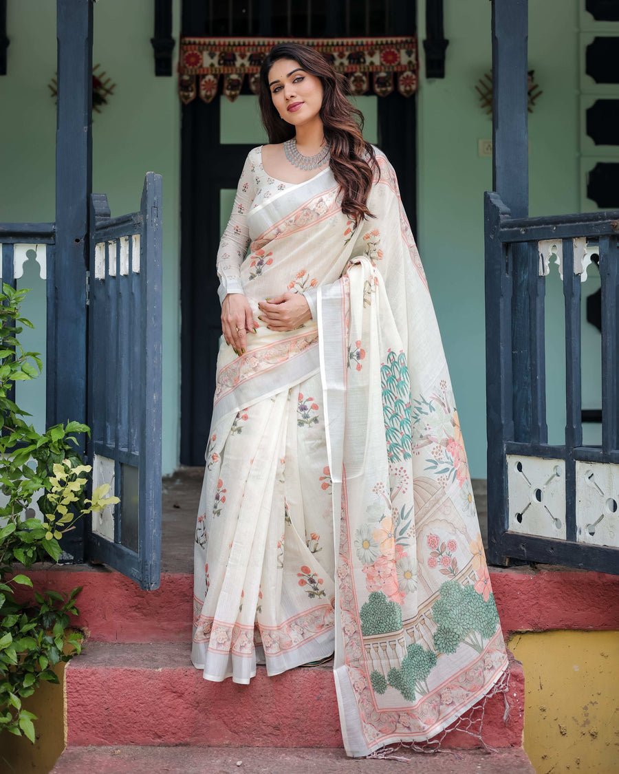 Ivory Pure Cotton Linen Saree | Pastel Floral Design with Blouse & Tassel Detailing
