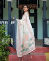 Ivory Pure Cotton Linen Saree | Pastel Floral Design with Blouse & Tassel Detailing