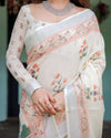 Ivory Pure Cotton Linen Saree | Pastel Floral Design with Blouse & Tassel Detailing