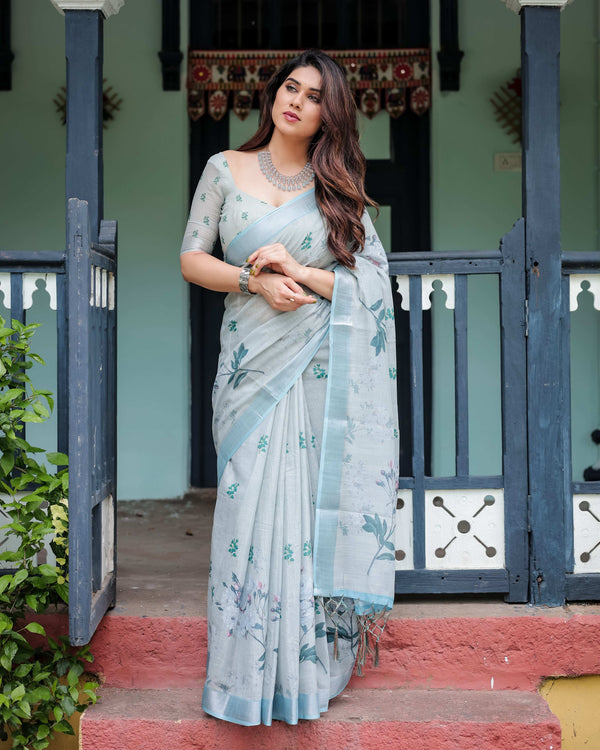 Pastel Grey Pure Cotton Linen Saree | Floral Print with Blouse & Tassel Detailing