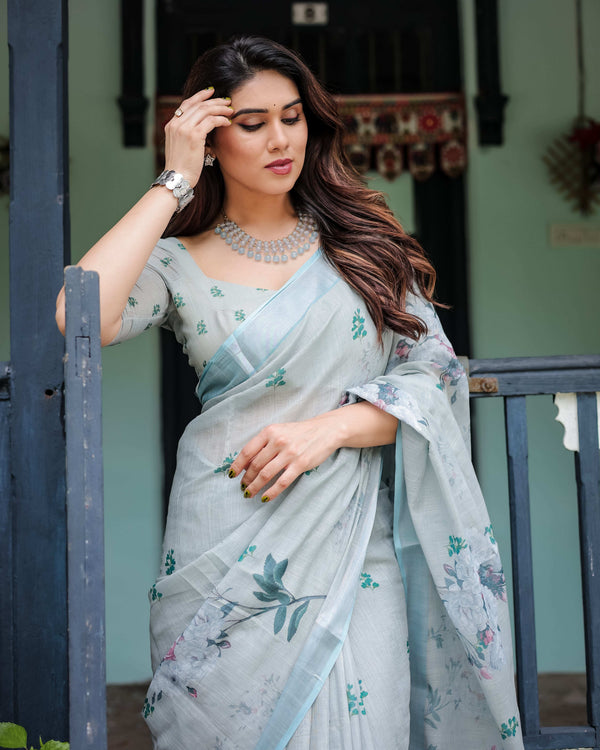 Pastel Grey Pure Cotton Linen Saree | Floral Print with Blouse & Tassel Detailing