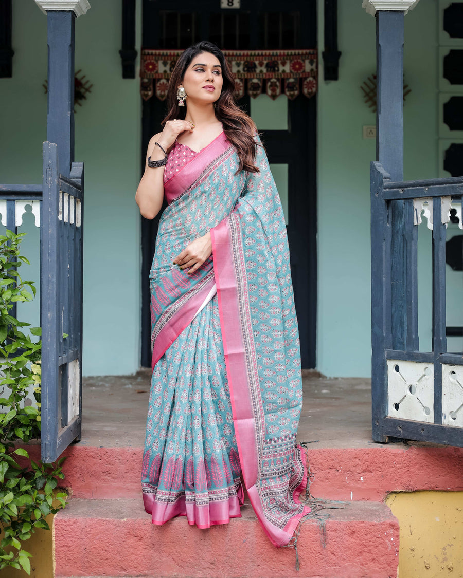 Aqua Blue Pure Cotton Linen Saree | Pink Border, Floral Motifs & Tassel Edges