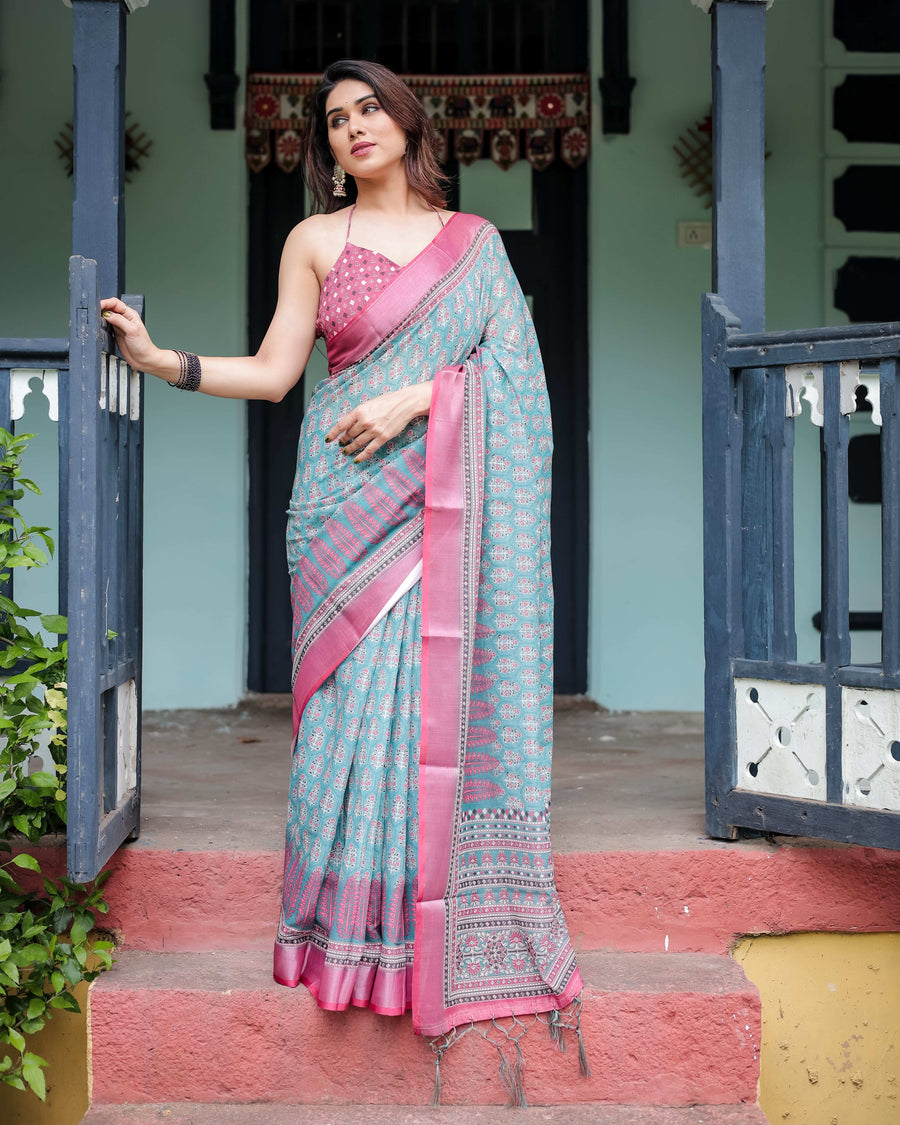 Aqua Blue Pure Cotton Linen Saree | Pink Border, Floral Motifs & Tassel Edges