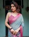 Aqua Blue Pure Cotton Linen Saree | Pink Border, Floral Motifs & Tassel Edges