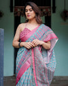 Aqua Blue Pure Cotton Linen Saree | Pink Border, Floral Motifs & Tassel Edges