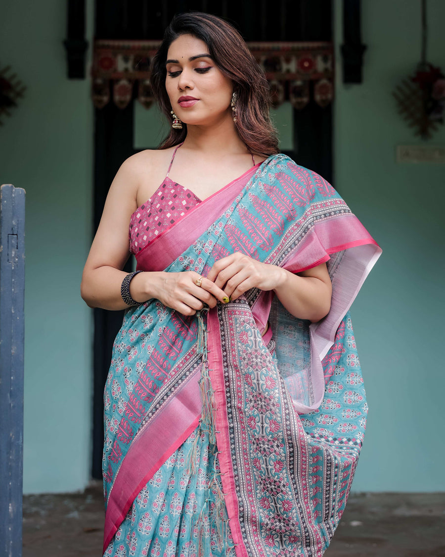 Aqua Blue Pure Cotton Linen Saree | Pink Border, Floral Motifs & Tassel Edges