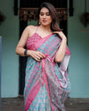 Aqua Blue Pure Cotton Linen Saree | Pink Border, Floral Motifs & Tassel Edges