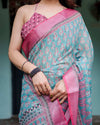 Aqua Blue Pure Cotton Linen Saree | Pink Border, Floral Motifs & Tassel Edges