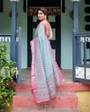 Aqua Blue Pure Cotton Linen Saree | Pink Border, Floral Motifs & Tassel Edges