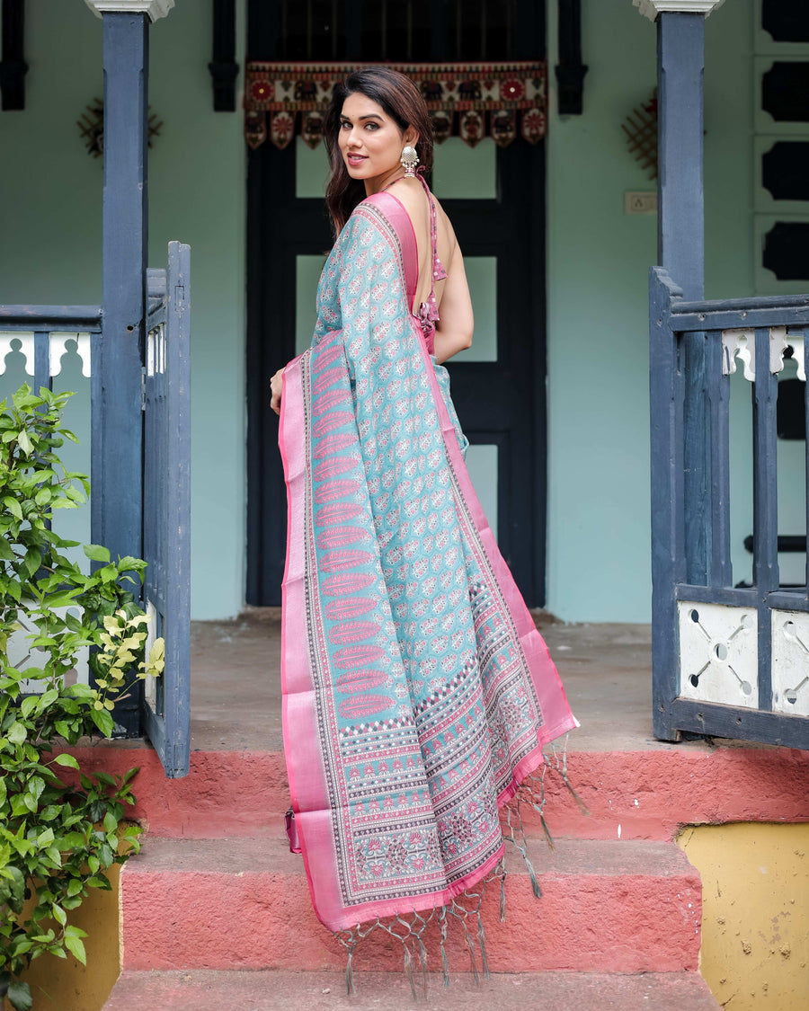 Aqua Blue Pure Cotton Linen Saree | Pink Border, Floral Motifs & Tassel Edges