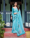 Aqua Blue Pure Cotton Linen Saree | Floral Design with Blouse & Tassel Detailing