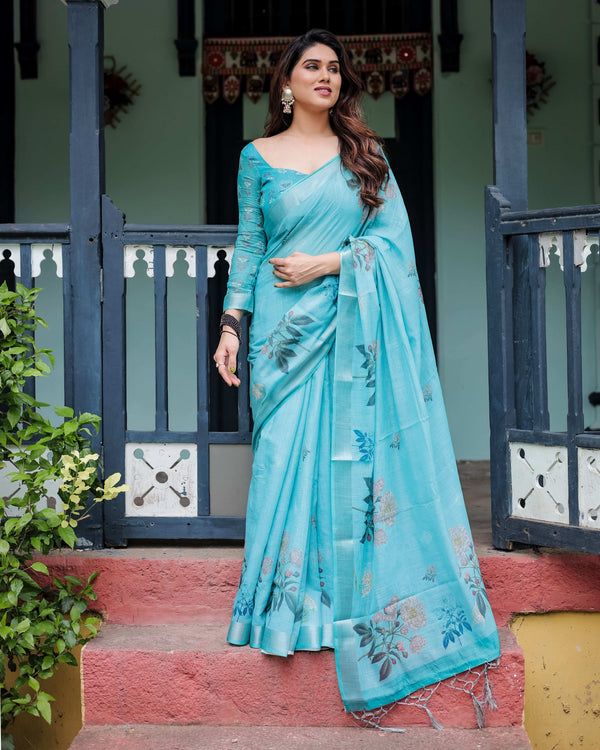 Aqua Blue Pure Cotton Linen Saree | Floral Design with Blouse & Tassel Detailing