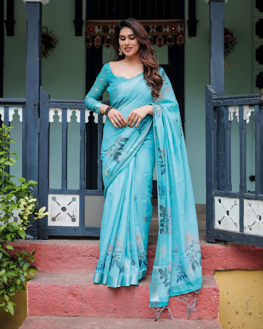 Aqua Blue Pure Cotton Linen Saree | Floral Design with Blouse & Tassel Detailing