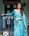 Aqua Blue Pure Cotton Linen Saree | Floral Design with Blouse & Tassel Detailing