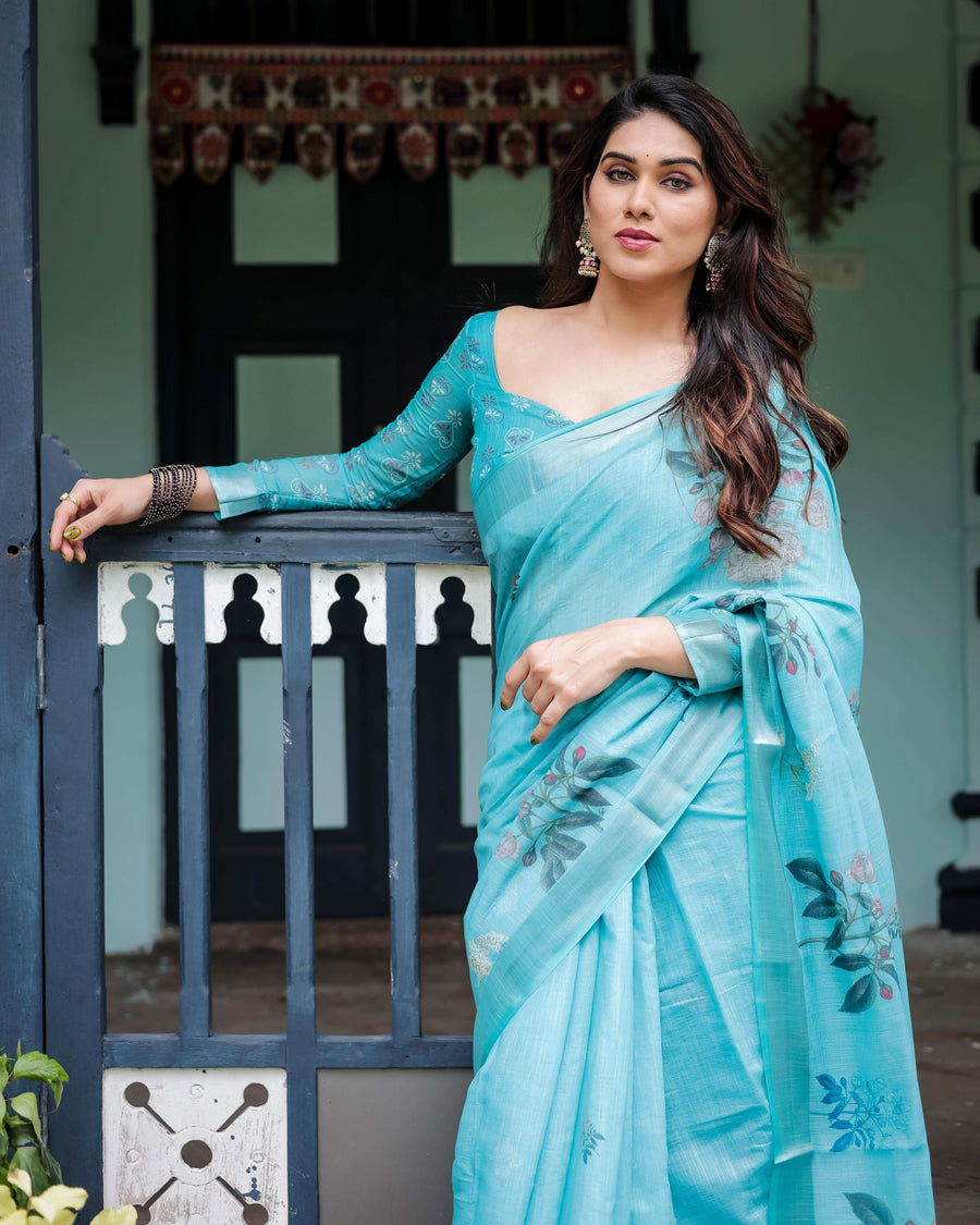 Aqua Blue Pure Cotton Linen Saree | Floral Design with Blouse & Tassel Detailing