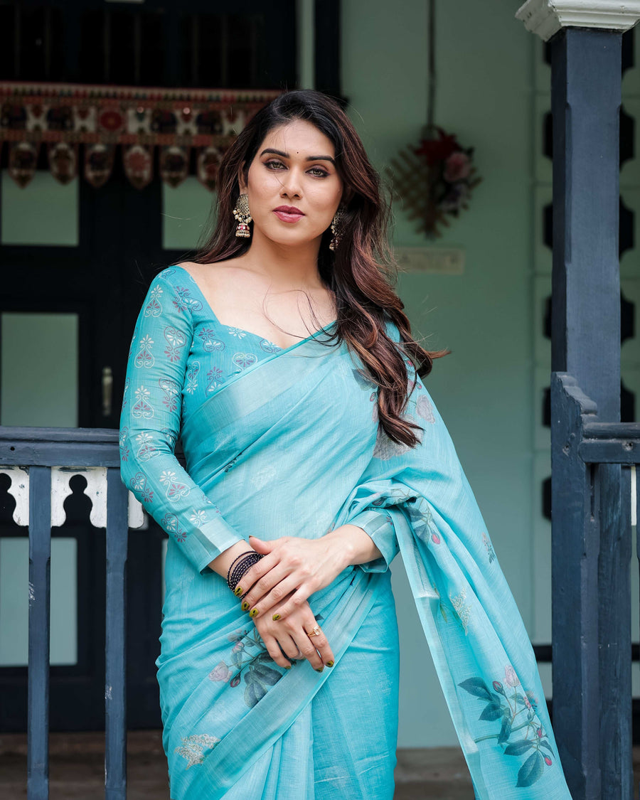 Aqua Blue Pure Cotton Linen Saree | Floral Design with Blouse & Tassel Detailing