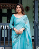 Aqua Blue Pure Cotton Linen Saree | Floral Design with Blouse & Tassel Detailing