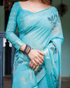 Aqua Blue Pure Cotton Linen Saree | Floral Design with Blouse & Tassel Detailing