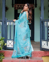 Aqua Blue Pure Cotton Linen Saree | Floral Design with Blouse & Tassel Detailing