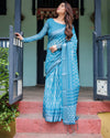 Turquoise Pure Cotton Linen Saree | White Floral Design with Blouse & Tassel Edges