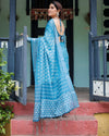 Turquoise Pure Cotton Linen Saree | White Floral Design with Blouse & Tassel Edges