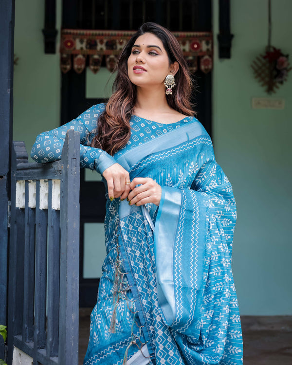 Turquoise Pure Cotton Linen Saree | White Floral Design with Blouse & Tassel Edges