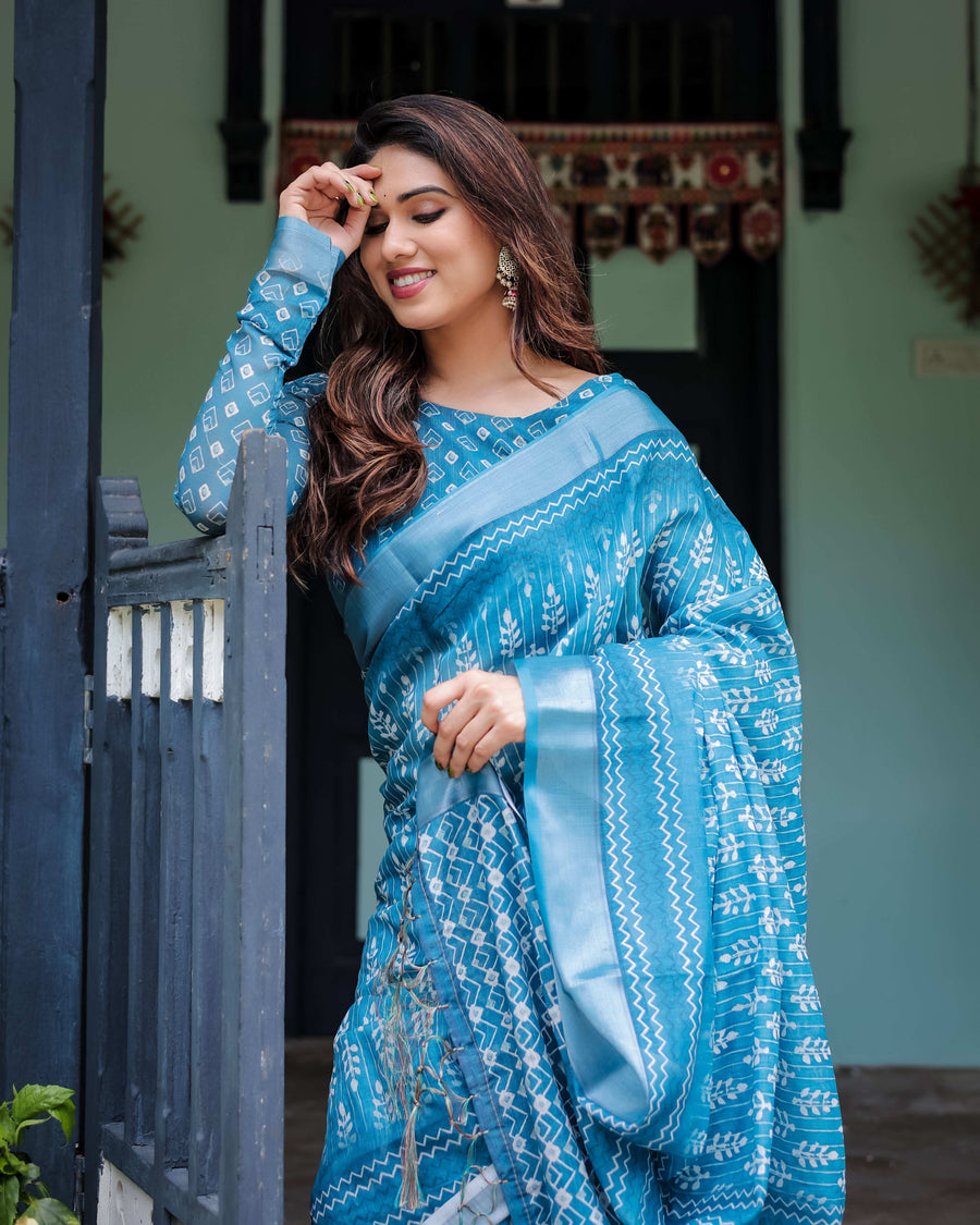 Turquoise Pure Cotton Linen Saree | White Floral Design with Blouse & Tassel Edges