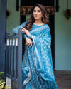 Turquoise Pure Cotton Linen Saree | White Floral Design with Blouse & Tassel Edges