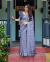Steel Blue Pure Cotton Linen Saree with Floral and Geometric Block Print, Blouse, and Tassel Detailing