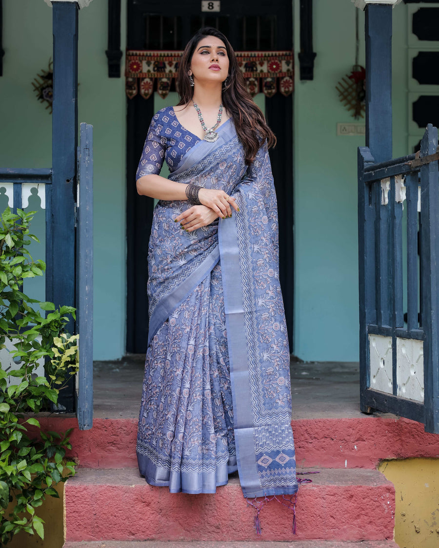 Steel Blue Pure Cotton Linen Saree | Block Print, Blouse & Tassel Edges – Shree Roop
