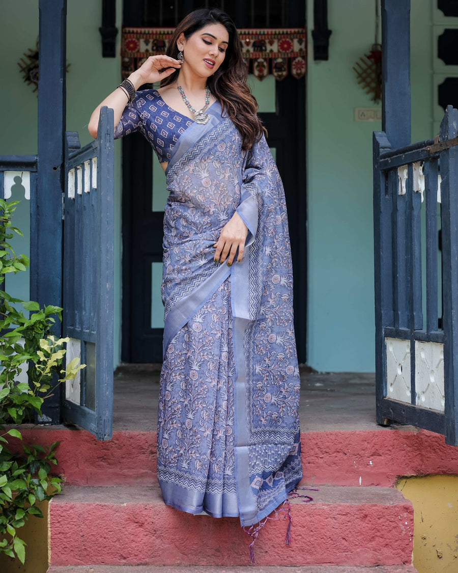 Steel Blue Pure Cotton Linen Saree | Block Print, Blouse & Tassel Edges – Shree Roop