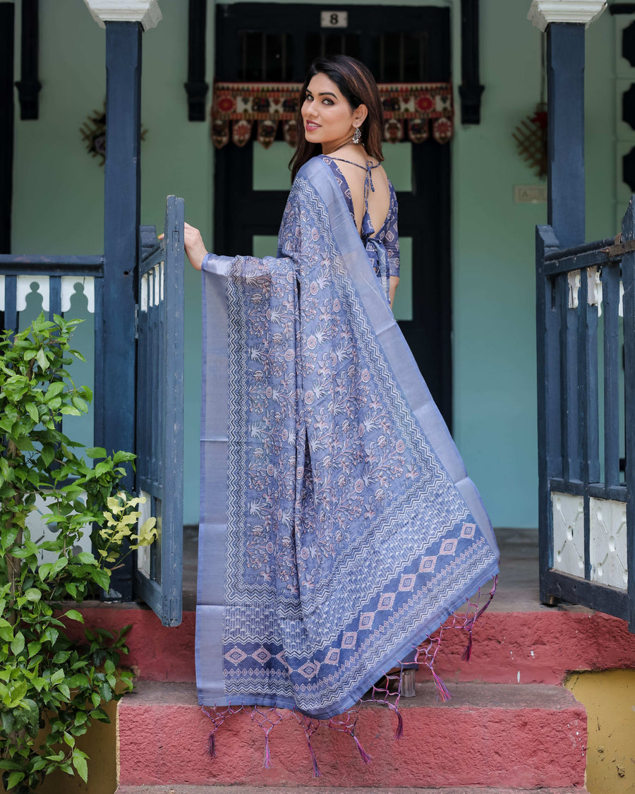 Steel Blue Pure Cotton Linen Saree | Block Print, Blouse & Tassel Edges – Shree Roop