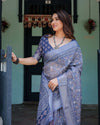 Steel Blue Pure Cotton Linen Saree | Block Print, Blouse & Tassel Edges – Shree Roop