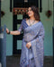 Steel Blue Pure Cotton Linen Saree | Block Print, Blouse & Tassel Edges – Shree Roop