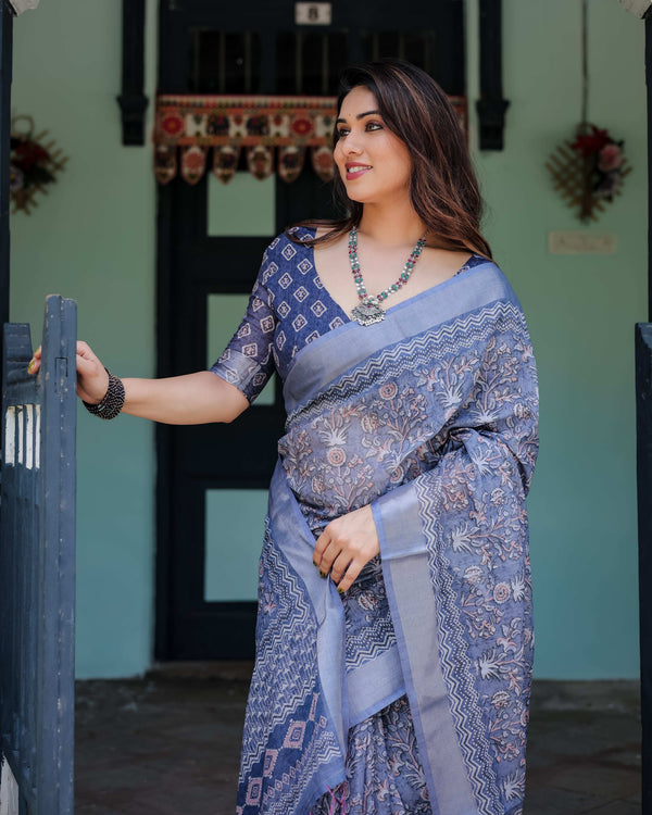 Steel Blue Pure Cotton Linen Saree | Block Print, Blouse & Tassel Edges – Shree Roop