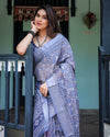Steel Blue Pure Cotton Linen Saree | Block Print, Blouse & Tassel Edges – Shree Roop