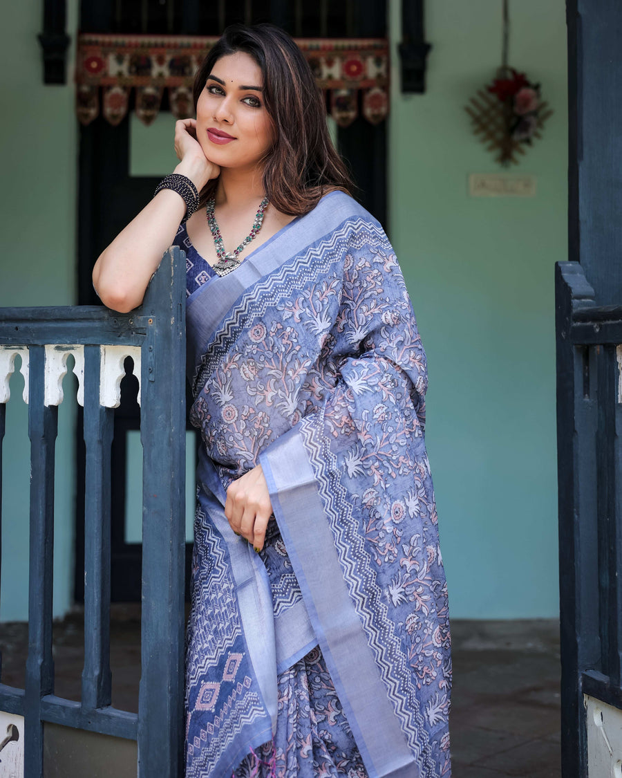 Steel Blue Pure Cotton Linen Saree | Block Print, Blouse & Tassel Edges – Shree Roop