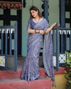 Steel Blue Pure Cotton Linen Saree | Block Print, Blouse & Tassel Edges – Shree Roop