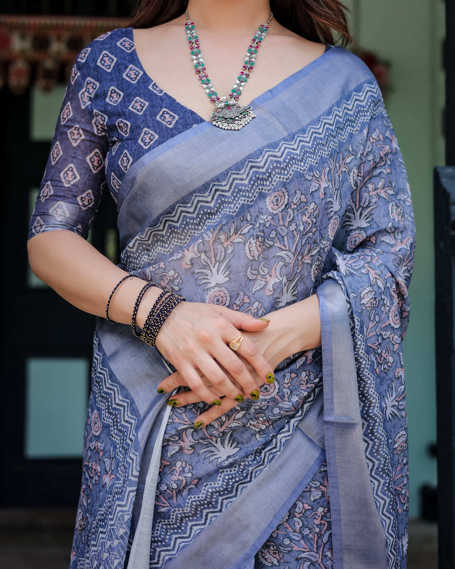 Steel Blue Pure Cotton Linen Saree | Block Print, Blouse & Tassel Edges – Shree Roop