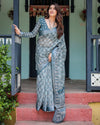 Teal Blue Pure Cotton Linen Saree | Geometric Block Print with Blouse & Tassel Detailing