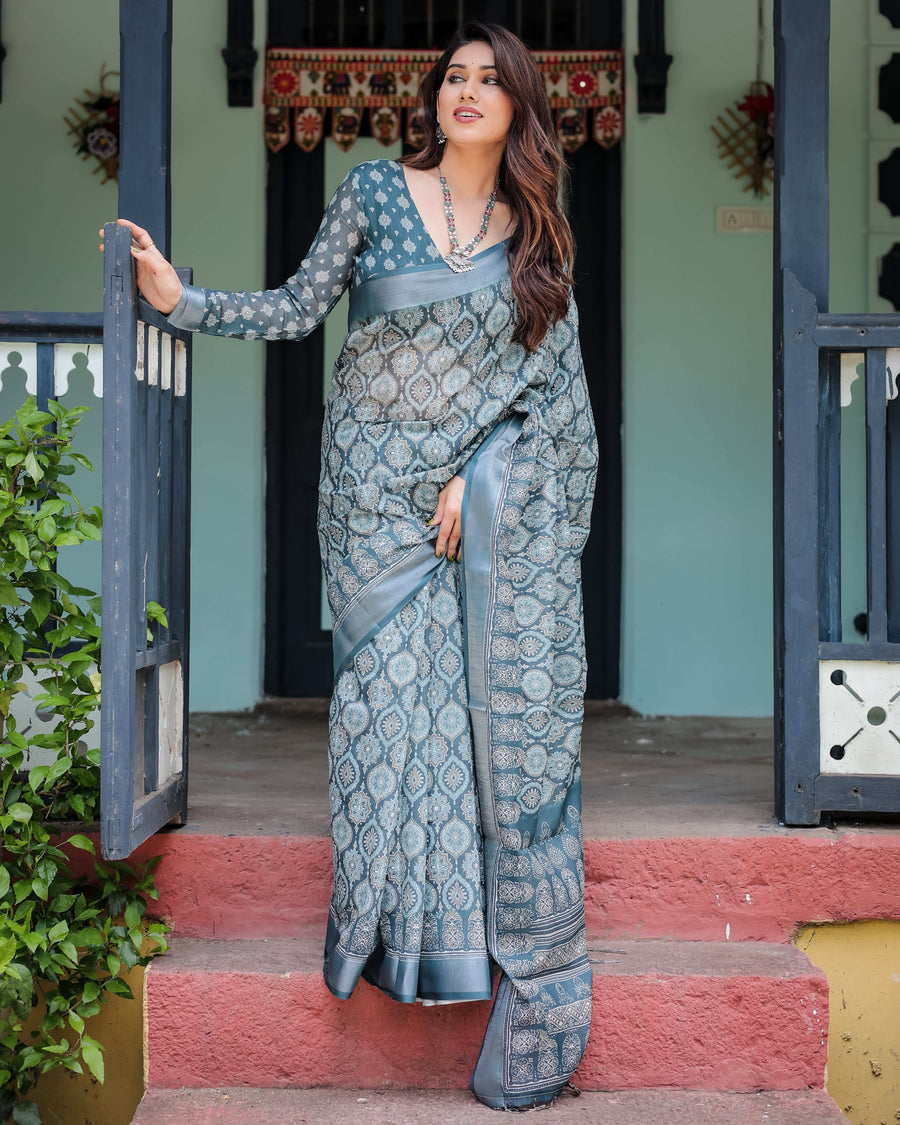 Teal Blue Pure Cotton Linen Saree | Geometric Block Print with Blouse & Tassel Detailing
