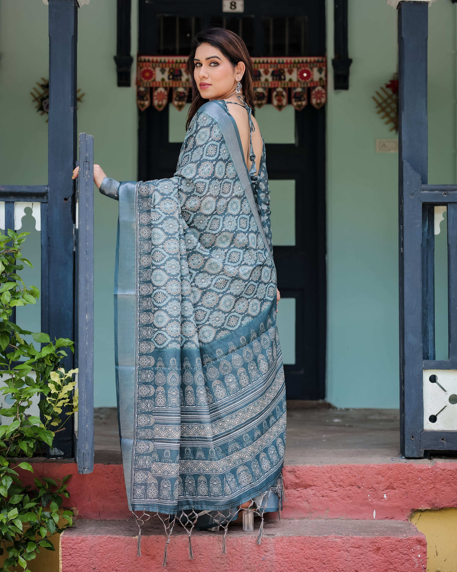 Teal Blue Pure Cotton Linen Saree | Geometric Block Print with Blouse & Tassel Detailing