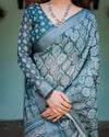 Teal Blue Pure Cotton Linen Saree | Geometric Block Print with Blouse & Tassel Detailing
