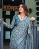 Teal Blue Pure Cotton Linen Saree | Geometric Block Print with Blouse & Tassel Detailing