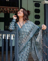 Teal Blue Pure Cotton Linen Saree | Geometric Block Print with Blouse & Tassel Detailing