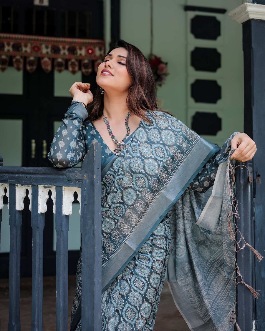 Teal Blue Pure Cotton Linen Saree | Geometric Block Print with Blouse & Tassel Detailing
