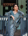 Teal Blue Pure Cotton Linen Saree | Geometric Block Print with Blouse & Tassel Detailing