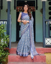 Blue Pure Cotton Linen Saree | Floral Pattern with Blouse & Tassel Edges